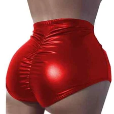 Women Summer Shiny metallic Pleated Sports Panties High waist Ruched shorts