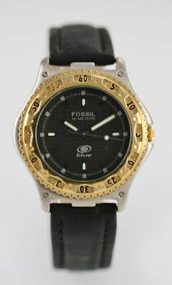 Fossil Blue Watch Mens Stainless Steel Silver Gold Black Leather