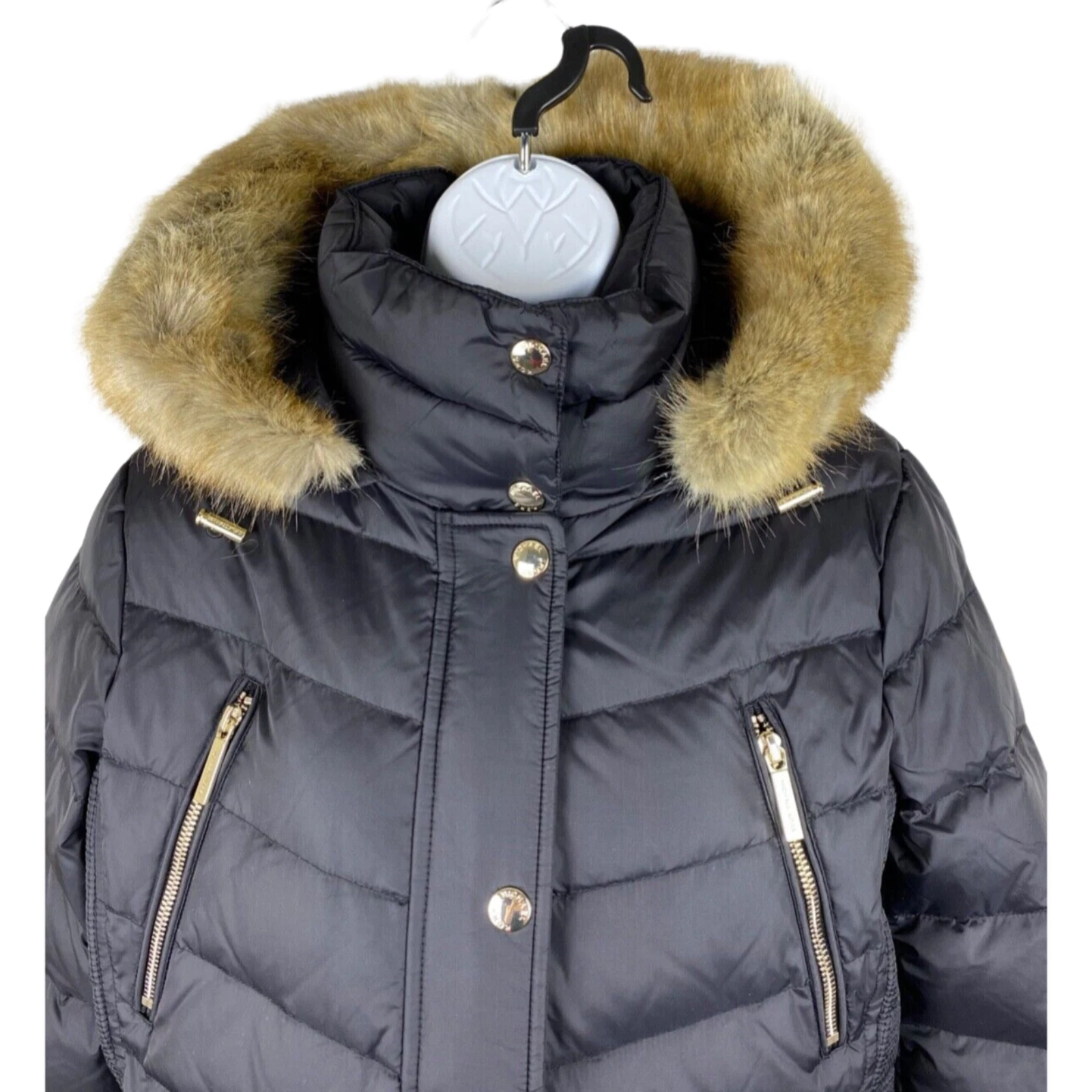 Giacca con cappuccio Michael Kors lunga puffer pelliccia sintetica orlo con tasche taglia S preppy