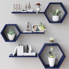 Wooden Hexagon Floating Shelves Wall Mounted,Set of 6 Navy Blue Hexagon Shelves