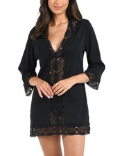 La Blanca Island Fare Crocheted Lace Trim Tunic Swim Cover-Up COLOR BLACK SIZE S