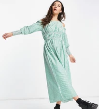 Topshop Cotton Stripe Poplin Midi Dress Women’s Size 12 Green & White