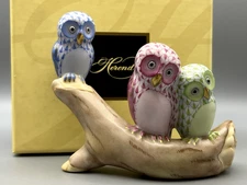 Herend Figurine -Owls on Branch - Multicolor Fishnet New
