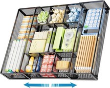 Expandable Desk Drawer Organizer Metal Mesh Tray with 10 Compartments Black
