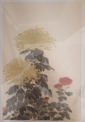 Japanischer Holzschnitt Chrysanthemen   Uchida Kyoto   gerahmt