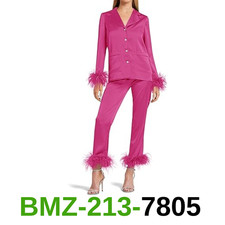 Women's Silk Satin Pajama Set Feather Trim Party Long Sleeve Pocketed, XL