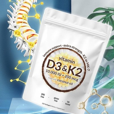 Vitamin D3 10000 Iu Plus K2 (MK-7) 200 Mcg, 300 Virgin Coconut Oil Softgels-