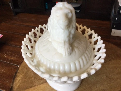 Antique Atterbury Milk Glass Lion on Nest Covered Dish With Dancing Sailor Base