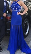 Sherri Hill Blue Mermaid Gown 2 piece  Beaded Sequin Halter Backless Size 0