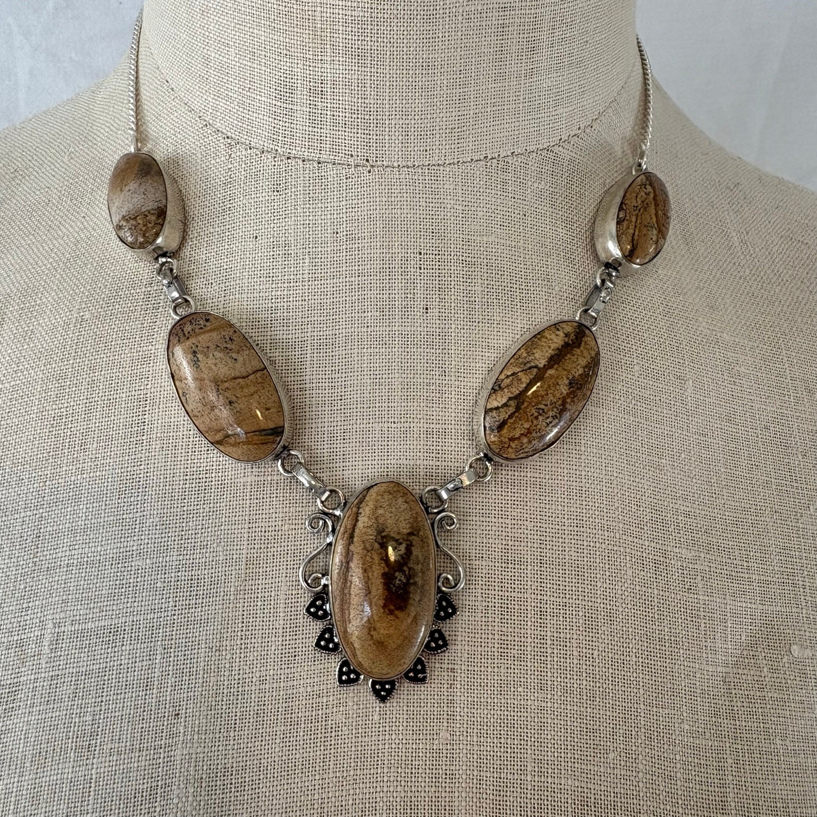 925 Sterling Silver Jasper Statement Necklace 18.… - image 1