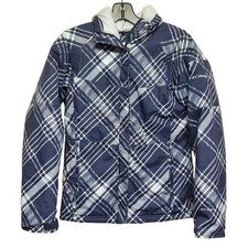 Columbia Kids Omni-Shield Puffer Jacket Navy Blue White Plaid Hooded Size 14/16