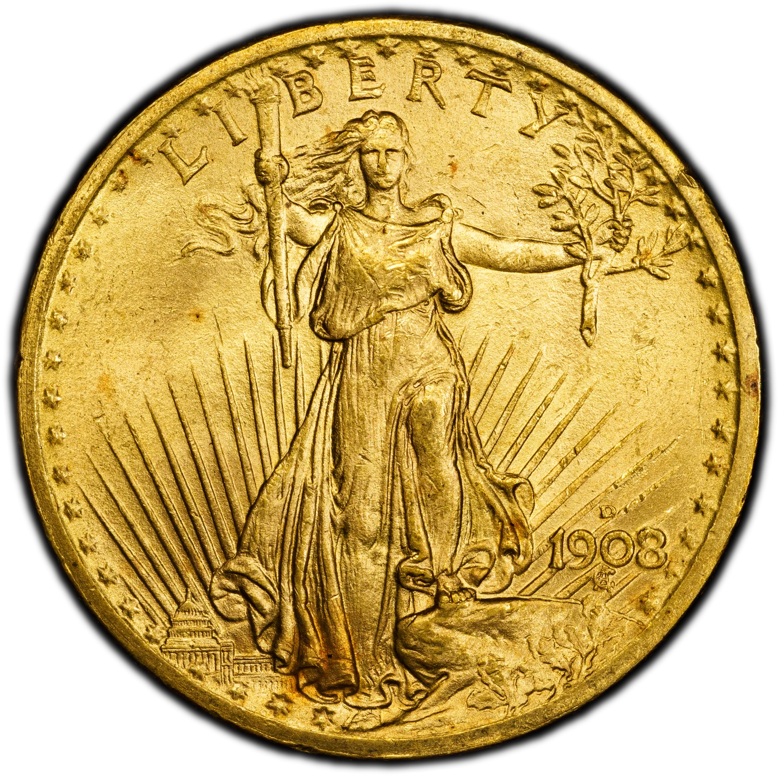 1908-D $20 No Motto Saint Gaudens PCGS MS64+