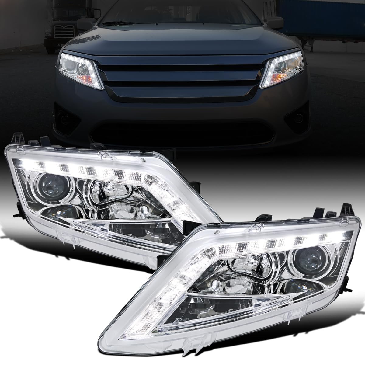 - Fits 2010-2012 Ford Fusion Projector Headlights w/LED Strip