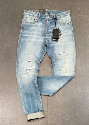 Dsquared2 Men's Slim Fit Stretchy Ripped Washed Blue Jeans Pants