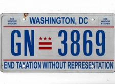 WASHINGTON, DISTRICT of COLUMBIA passenger license plate "GN 3869"