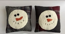 2 Patchwork Flannel Cotton Snowman Appliqué Pillows Bowl Basket Filler Rustic 7”