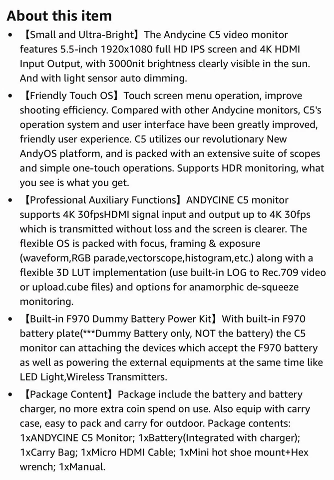 ANDYCINE C5 5.5” 3000nit Luz Diurna Pantalla Táctil En Cámara Monitor Paquete de Alimentación Foto 4 de 4