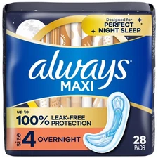Always Maxi Pads without Wings, Size 4, Overnight Absorbency, 28 CT