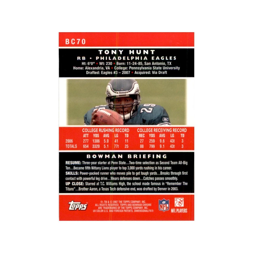 2007 Bowman Chrome Tony Hunt Football Cards #BC70 - Image 2 of 3