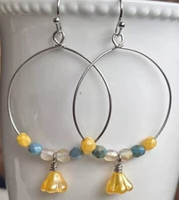 Romantic Silver, Blue and Yellow Tones Bead Earrings. Bloom