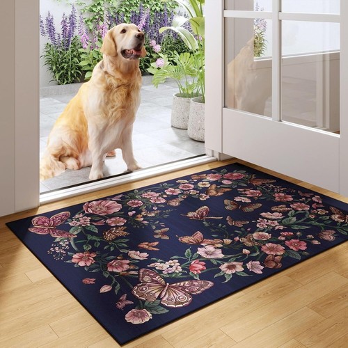 Boho Floral Butterfly Indoor Doormat 2x3 Non-Slip Low Pile Rug Machine Washable - Picture 30 of 44