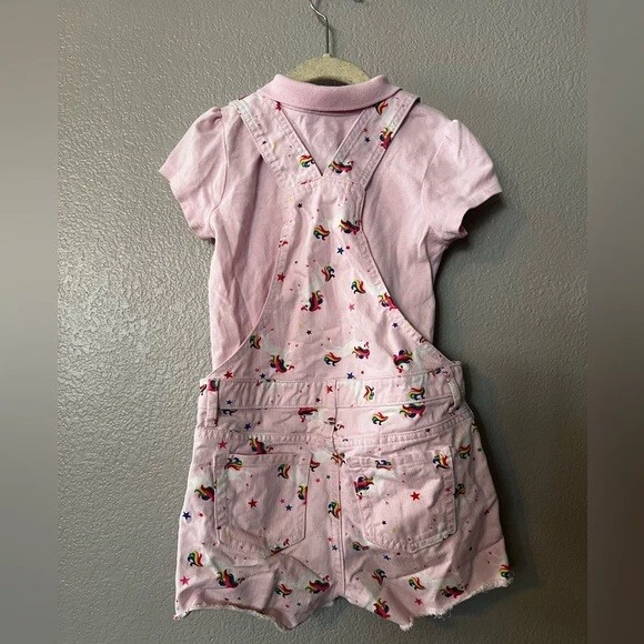 Girls Unicorn Print Overall Shorts with Pink Top - Image 3 of 4