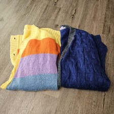 Large LuLaroe Lucille Sweater Cardigan Lot Of 2 Blue Gray And Colorful Striped