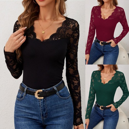 Sexy Womens Shirts Blouse Summer Long Sleeves Lace V Neck Stretch Tops Tee Size - Foto 2 di 29