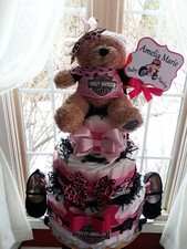Pink Harley Davidson Theme 3 Tier Diaper Cakes Diaper Cakes  Baby Shower Gift