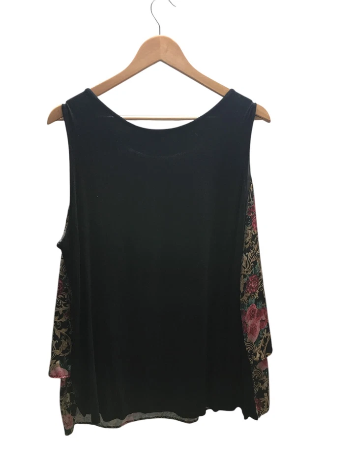 Top para mujer DG2 Diane Gilman talla 1X rosa floral delantero negro trasero sin mangas Foto 2 de 4