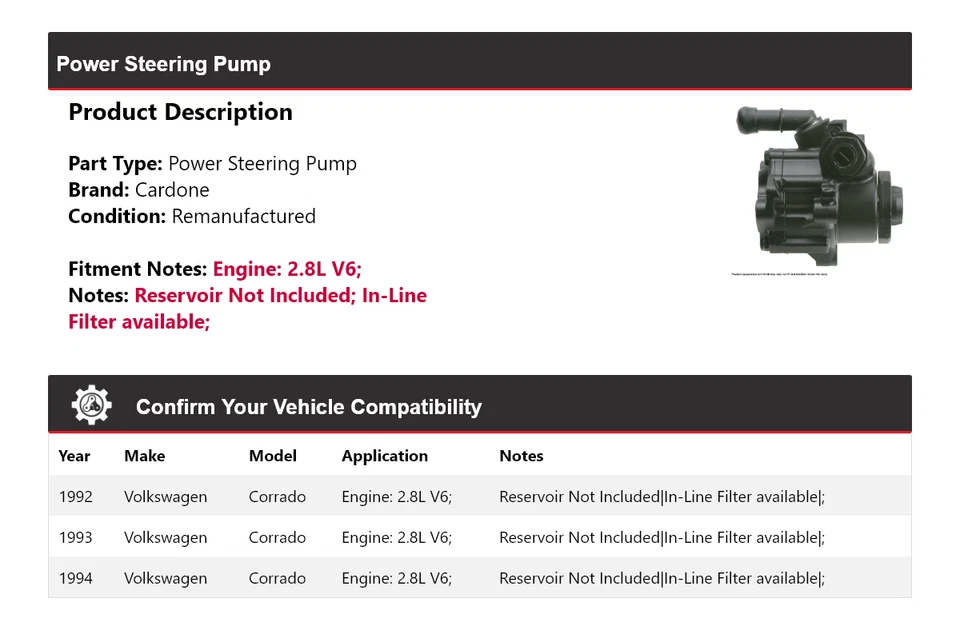 Bomba de dirección asistida Cardone 1993 para Volkswagen Corrado 1992-1994 2,8 L V6 Foto 2 de 4