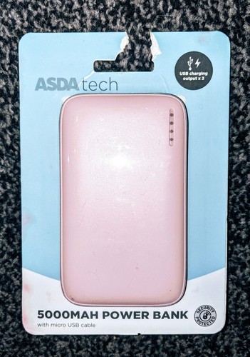 Asda tech 5000mah power bank pink with micro USB cable