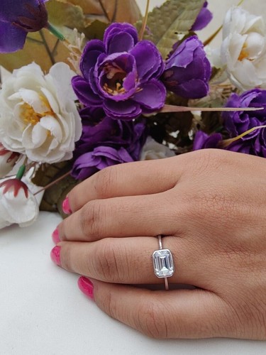 2.00 CT Horizontal Emerald Cut Bezel Anniversary Gift Ring 14K White Gold Plated - Picture 7 of 8
