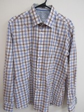 Bugatchi Uomo Shaped Fit Blue/Brown Plaid Long Sleeve Flip Cuff Shirt Large