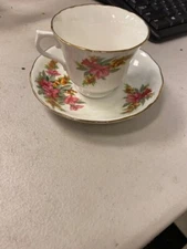 Vale Genuine Bone China Tea Cup and Saucer Longton England Floral With Gold Trim