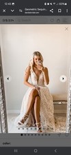 David's Bridal Galina Signature Geometric Sequin Illusion Plunge Wedding Dress 2