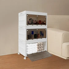 3 Tier Foldable Storage Organizer w/Wheels Stackable Clothes Cabinet Storage Box