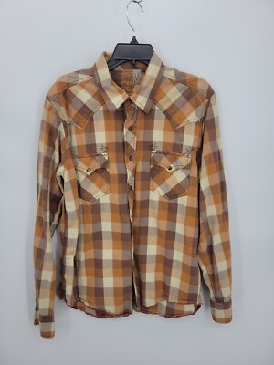 Southern Thread Shirt Mens Large Brown Plaid Long Sleeve Pearl Snap Rockabilly