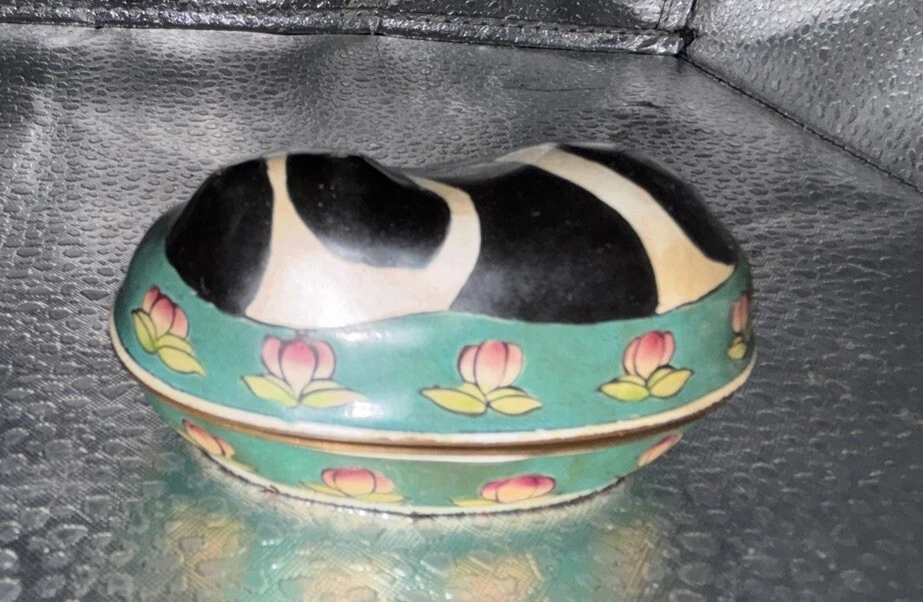 Caja baratija con bordes de cobre esmaltado Cantón interior pekinés gato negro turquesa Foto 2 de 4