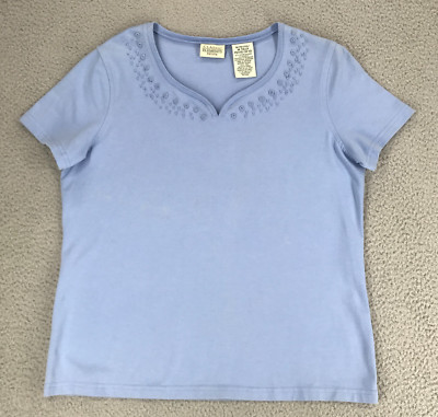 Classic Elements Petite Blouse Top Size 10-12 P Embellished Neckline Blue