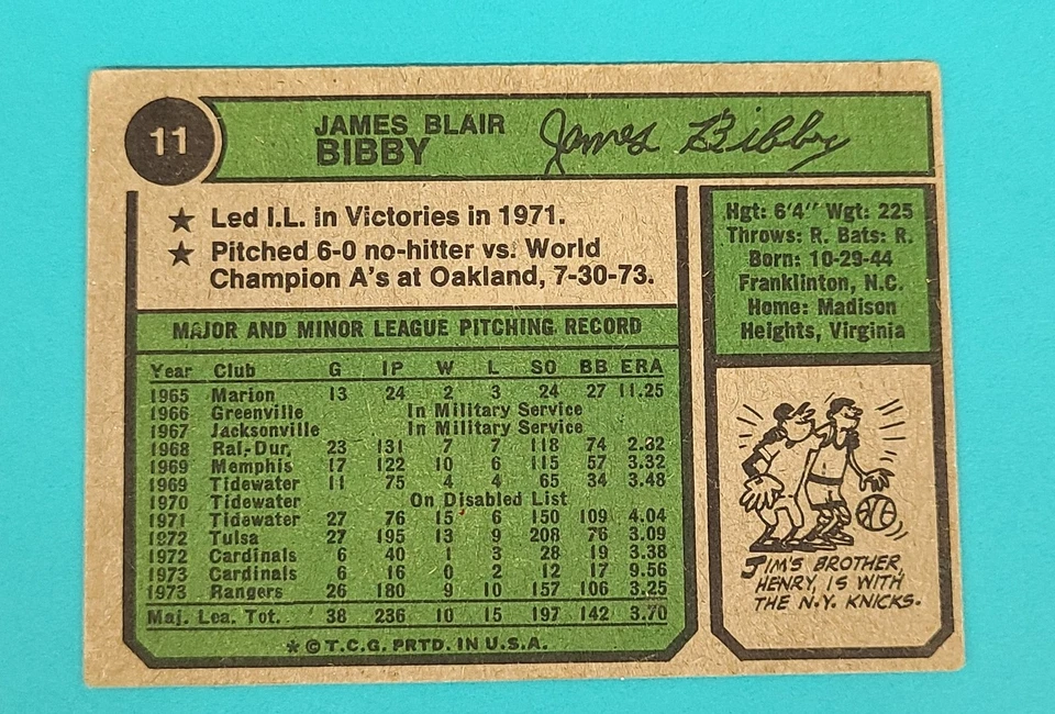 1974 Topps #11 Jim Bibby Texas Rangers Baseball Card F5 - Image 2 of 2