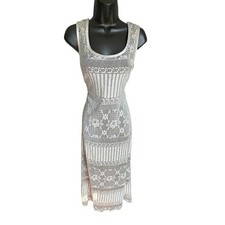 Dreamy Boho Crochet Maxi Dress Sleeveless Vintage Silver Grey USA Made Size 12