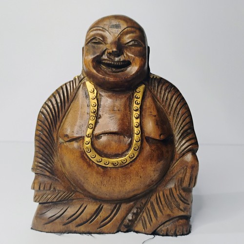 Vtg Chinese Carved Wood Laughing Buddha Happy Figurine Brown Felt Bottom - Picture 1 of 11