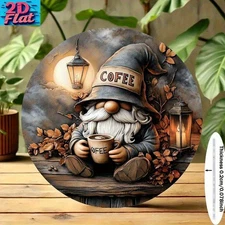 2D Flat Aluminum Round Wall Art, 1pc, Cute Gnome Sitting on the Edge Holding a C