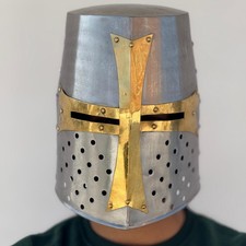 "Silver Great Helmet with Brass Fleur de Lis - Medieval Templar Crusader Armor"