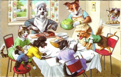 Vintage Anthropomorphic dressed cats ''Dog and Cat dinner'' PC Alfred Mainzer