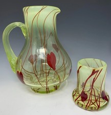 Vintage RARE Gibson Glass Red Hanging Hearts Vaseline Glass Tumble Up Set UG