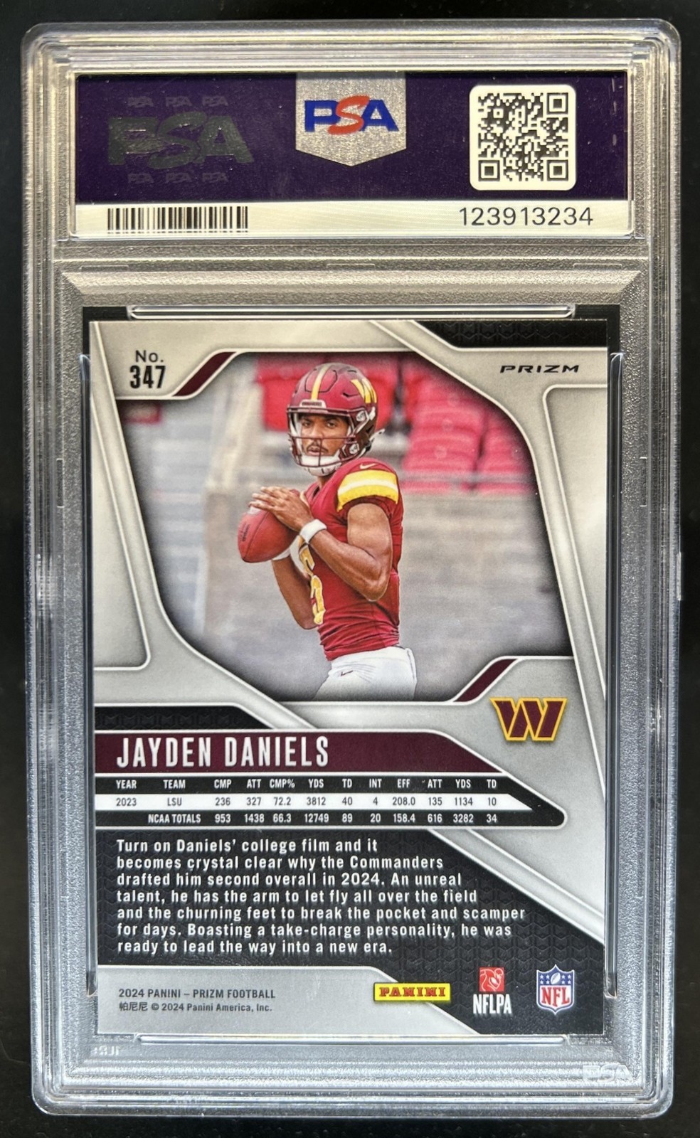 2024 Panini Prizm Jayden Daniels RC Red White and Blue #347 Commanders PSA 10 view 2