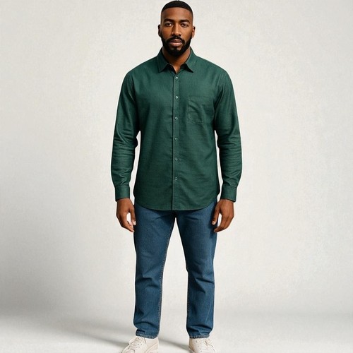 Barry Wang Solid Green Silk Polyester Long Sleeve Shirt Mens XL - Picture 2 of 7