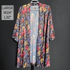 Vintage Nite Images Kimono Robe L Large Floral Tapestry Navy Pink Made in USA